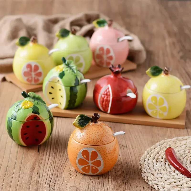 Creative Ceramic Seasoning Jar Bottle Kitchen Decoration Racks Fruit Melon Shape Spices Storage Tank Sugar Bowl with Lid &Spoon