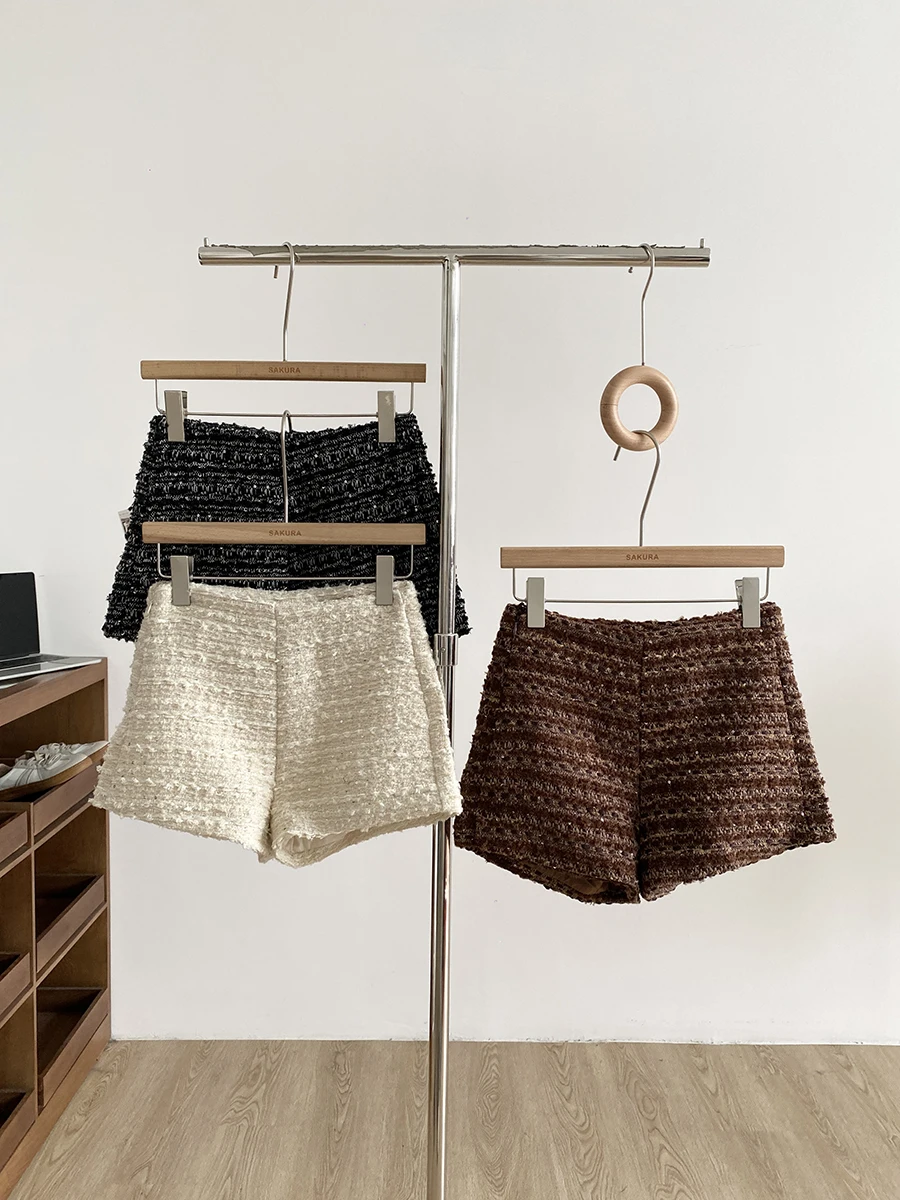 Retro Small Fragrance Style High Waist Wide Leg Short Pants for Women Casual Coarse Tweed Autumn Winter New Arrival