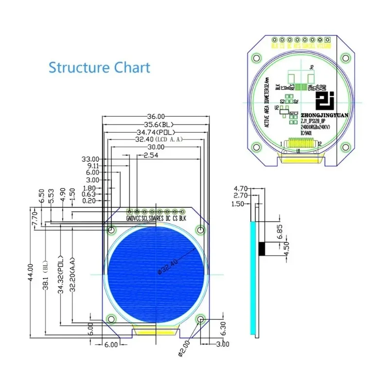 Round Screen Display Adaptador PCB Board, IPS, 1.28 Polegada, 8PIN, SPI, TFT, módulo LCD, placa de cor, GC9A01 Drive, IC 240(RGB)* 240, sem painel de toque