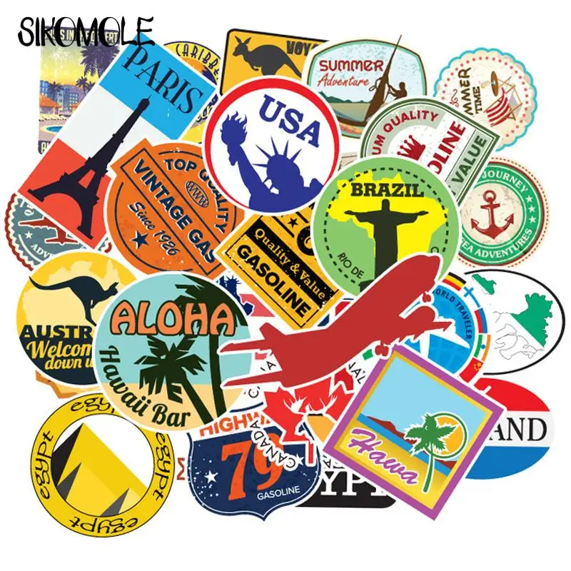 

10/30/50/100Pcs Cartoon Travel Map Country Famous Logo Stickers Guitar Luggage Suitcase DIY Classic Toy Decal Sticker For Kid F5