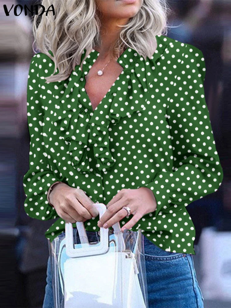 VONDA PLUS ขนาด 5XL ผู้หญิงเสื้อแขนยาว 2025 Polka Dot Ruffle เสื้อ Elegant Stand Up COLLAR เสื้อพิมพ์เสื้อ