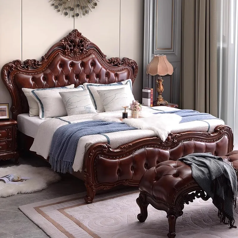 

European Style Solid Wood Leather Bed 1.8m Double Size Light Luxury French Carved Comfortable Master Bedroom Wedding Bed
