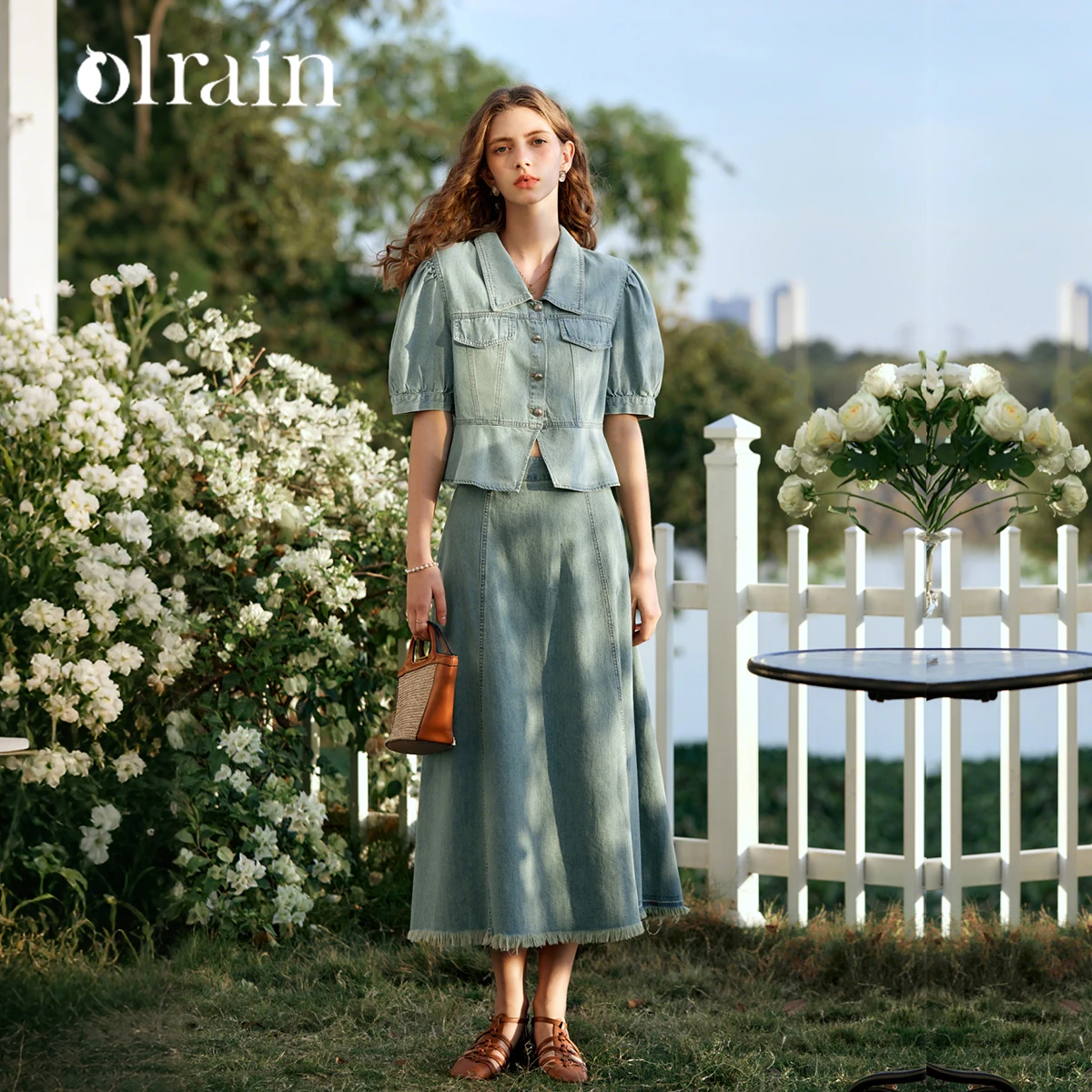 

OLrain Summer Denim Sets Women Lyocell Washed Denim Short Puff Sleeve Shirt and Skirt New in Two-piece Skirt Suit O24XE90921