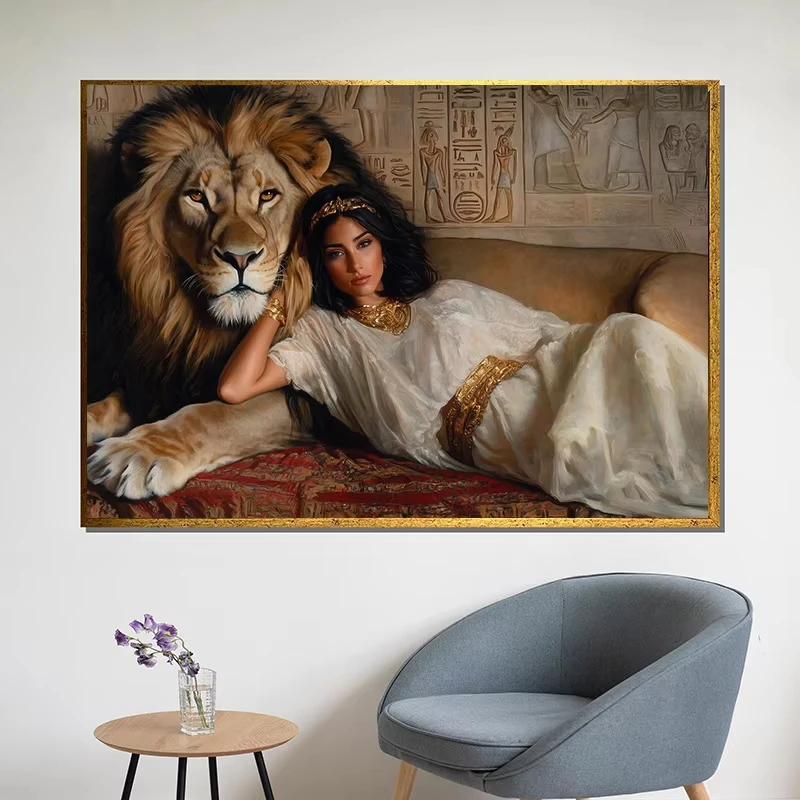

Egyptian Queen Wildlife Art Canvas Painting Cleopatra and Lion Poster Print Wall Picture for Living Room Home Decor Cuadros
