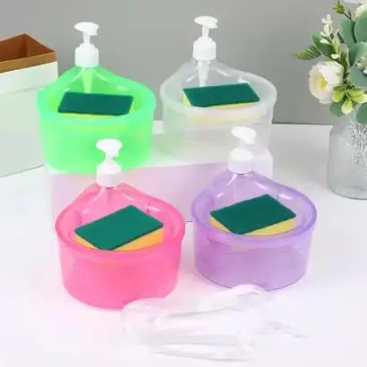 Dispensador de jabón creativo para cocina, dispensador de líquido para lavar platos, dispensador de jabón de cocina con esponja, bomba líquida,