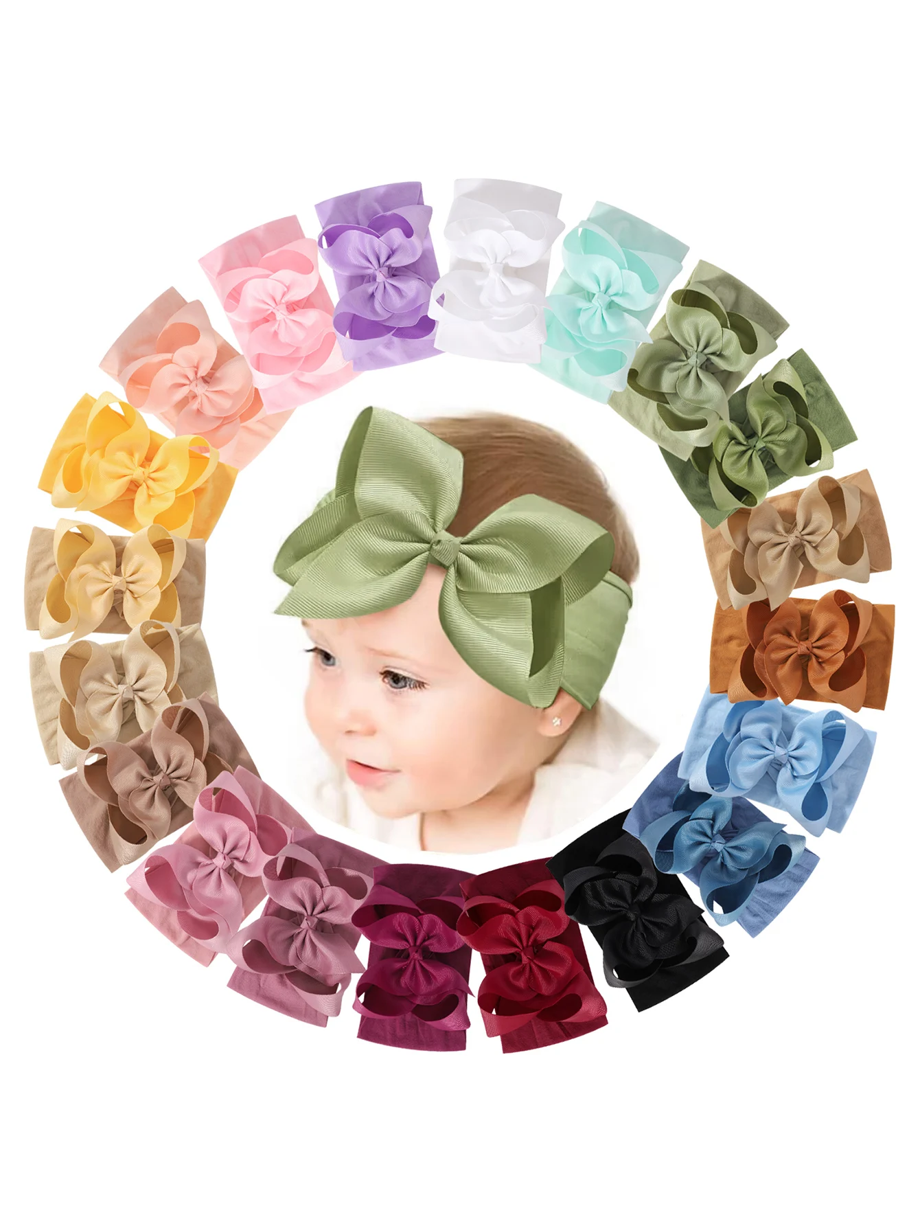 

20pcs Autumn and Winter 6'' Large Ribbon Bow Headband for Baby Girls Wide Nylon Turban Newborn Bowbot Soft Headwrap Headwear