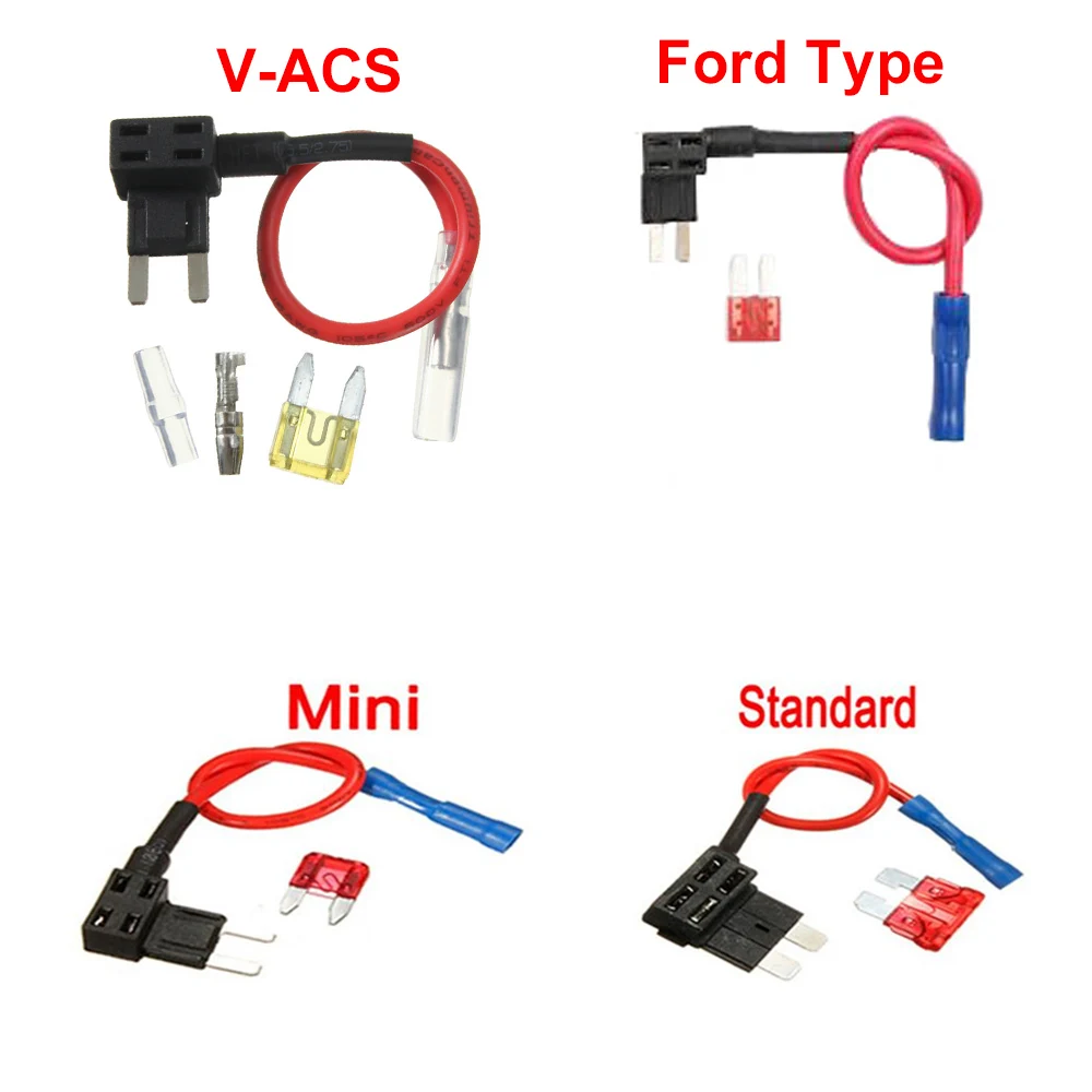 12V Plug-in Small Medium Size Car Fuse Holder Add-a-circuit TAP Adapter with 10A Mini Standard V-ACS Ford Type ATM Blade Fuse