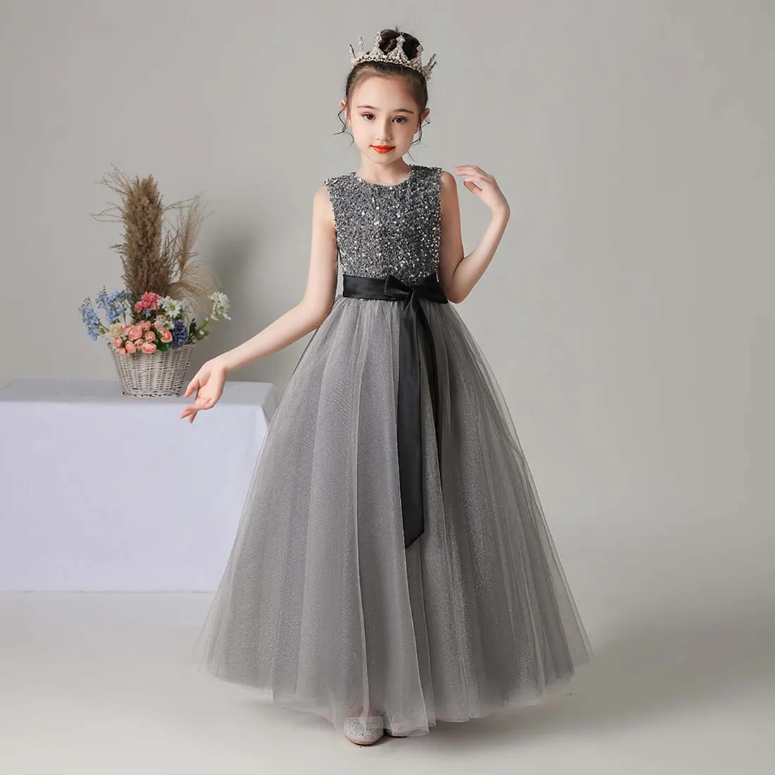 YZYmanualroom Flower Girl Dress Junior Bridesmaid Dress Sequin Tulle Wedding Pageant Gown for Birthday Party Grey 4-15T