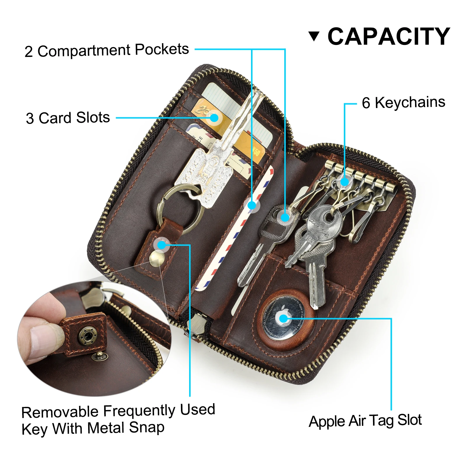 CONTACT'S Genuine Leather Key Wallets Key Chain Holder Full Grain Leather AirTag Slot Male Mini Wallets Key Pouch Card Holders