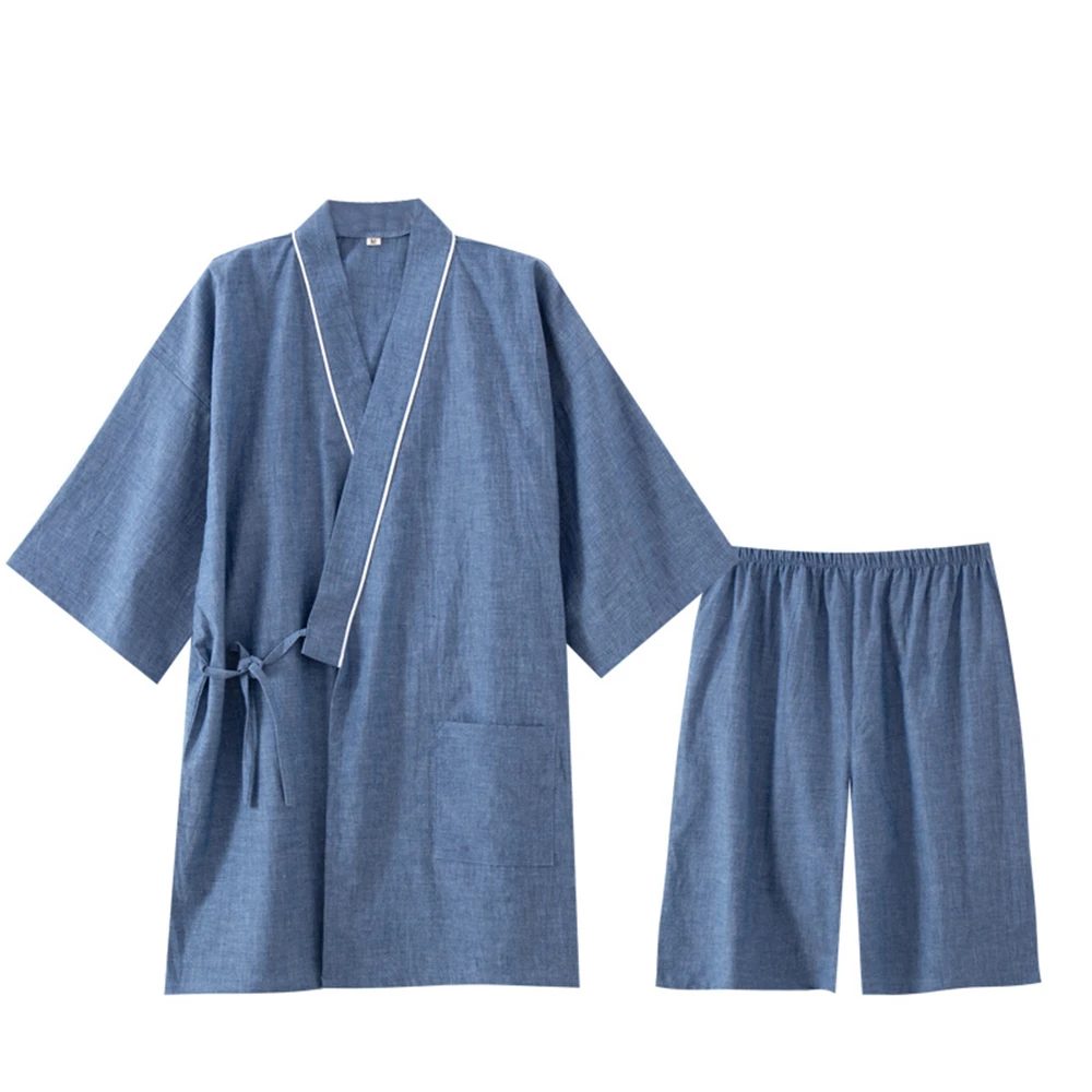 New Men\'s Shorts Pajamas Suit for Summer Short-sleeved Shorts Cotton Simple Japanese Style Kimono Pijama Mens Sleepwear Home Set