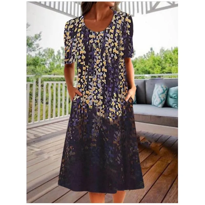 Dresses Summer 2024 For Woman New Flower Printing Rouund Neck Pocket Short Sleeve Elegant Casual Loose Vintage Female\'s Vestidos