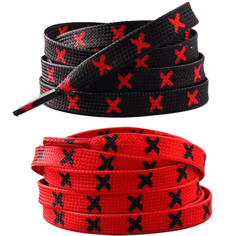 Fashion X Pattern Shoelaces, Red & Black Printed Flat Laces, Durable Replacement Laces for Sneakers & Sports Shoes