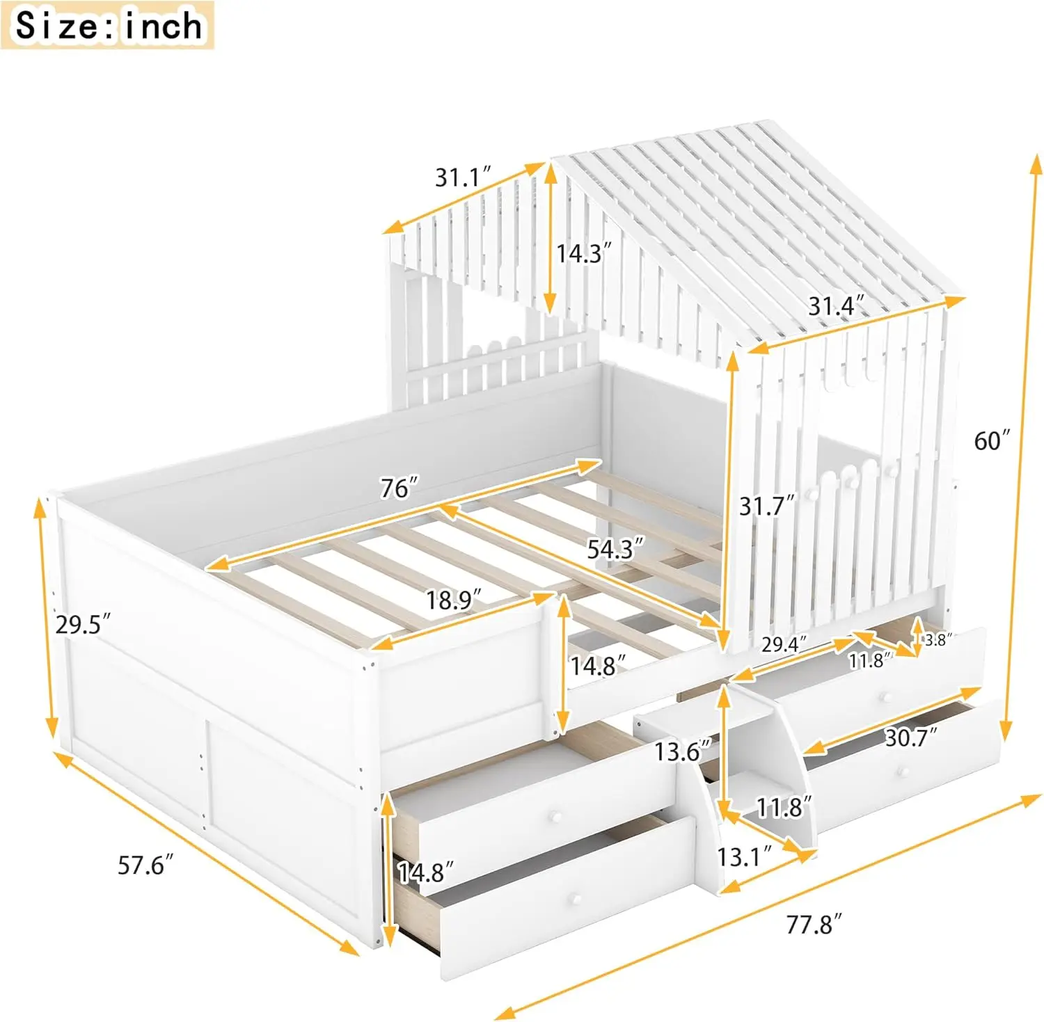 Cama de madeira de tamanho completo para crianças, 4 gavetas, armação de armazenamento completo com telhado e janelas, cabine, casa