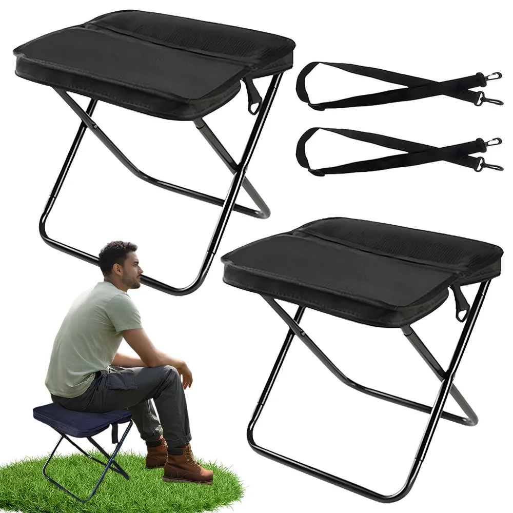 Lot de 2 tabourets pliants, installation instantanée, compacts et portables avec sac de transport, structure en métal robuste et tissu respirant pour pique-nique, camping, pêche, plage, voyages en plein air, supporte jusqu'à 330 lb