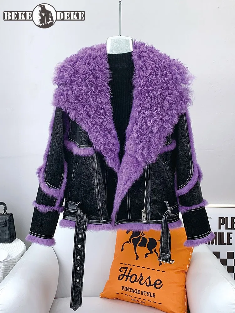 

Women Luxury Splicing Sheep Wool Collar Punk Real Rabbit Fur Lining Short Coat Winter High Street Thick Warm Faux Leather Jacket