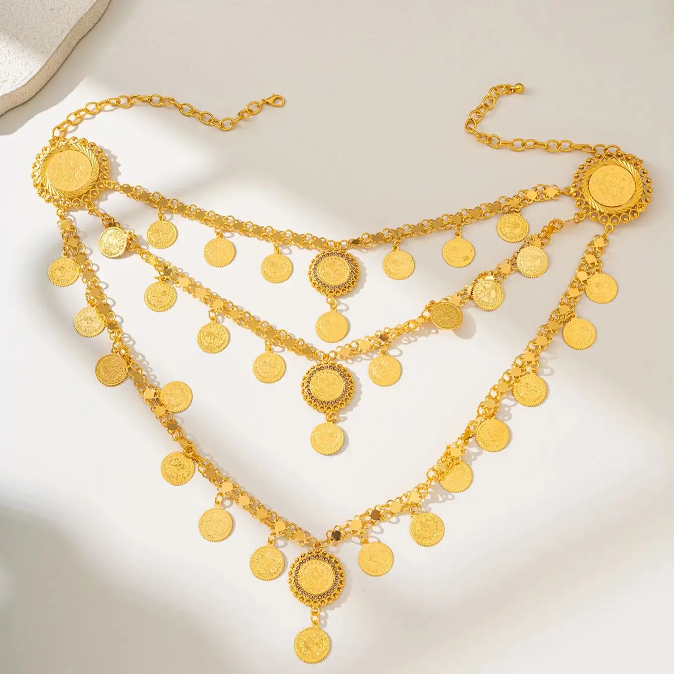 Gold plated tukish kurdish women shoulder chain arabic coin long necklace middle east wedding festival jewelry