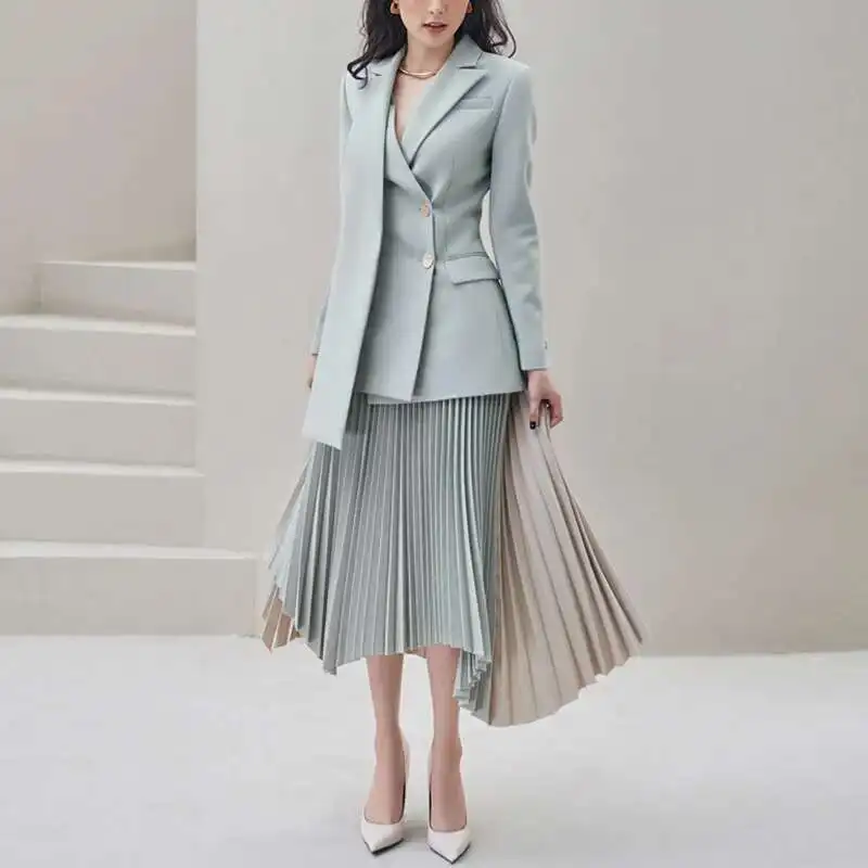 

Hot Sales 2 Pcs Set Notched Single Breasted Contrast Color Coat Pleated Irregular Skirt Women's Suit Spring New