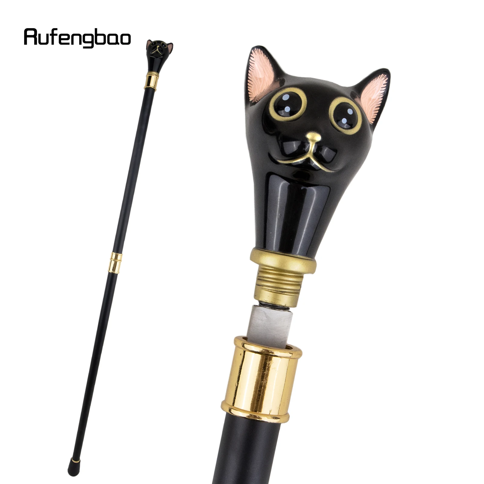 Black Golden Cat Gentleman Kitten Walking Stick with Hidden Plate Self Defense Cane Cosplay Crosier Stick 93cm