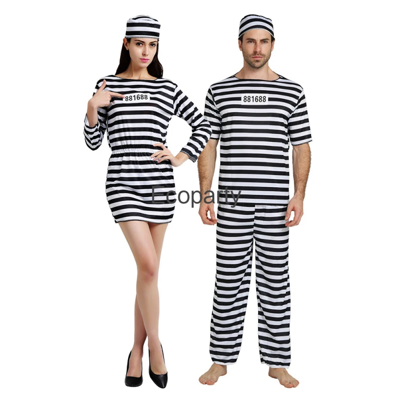 New Halloween Prisoner Costume For Men Women Couples Carnival Party  Violent Convict Cosplay Stripe Outfits Masquerade Dress Up