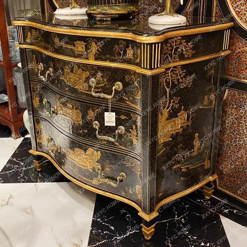 Bucket cabinet Chinese style solid wood dining side cabinet pasted with gold foil and painted with gold, three-bucket cabinet