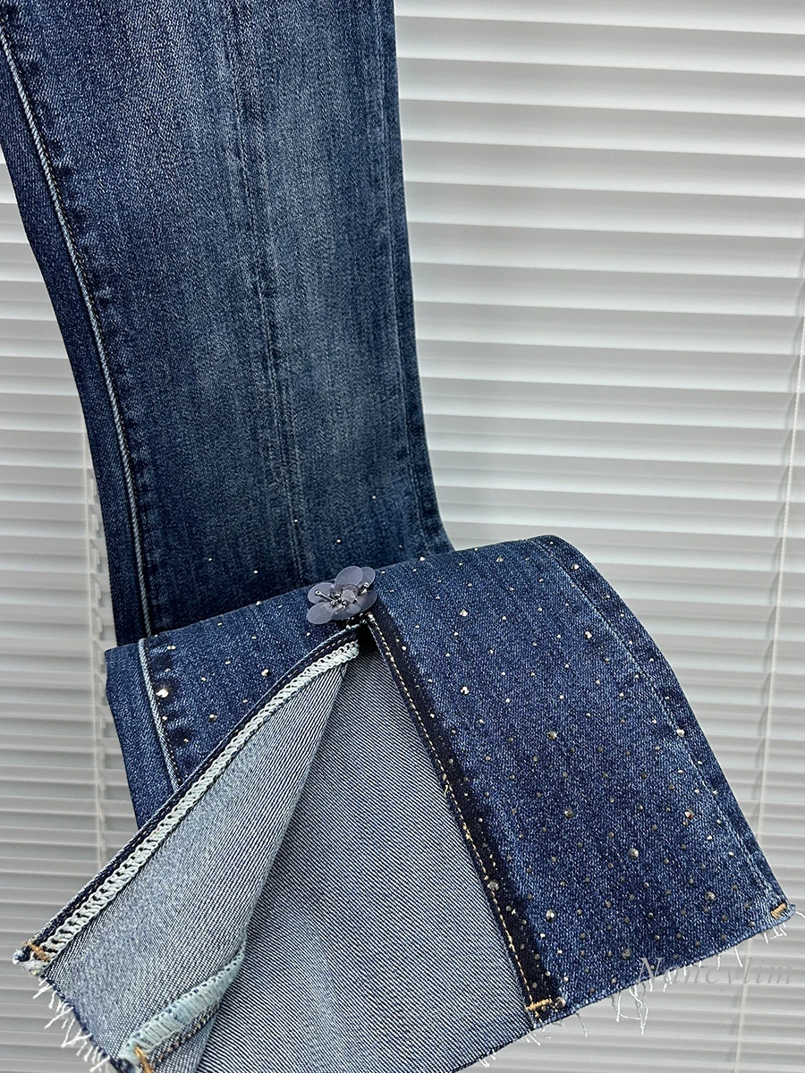 European Fashion Split Skinny Jeans for Women Trendy 2024 New Autumn High Waist Slim Fit All-Match Rhinestone Blue Denim Pants