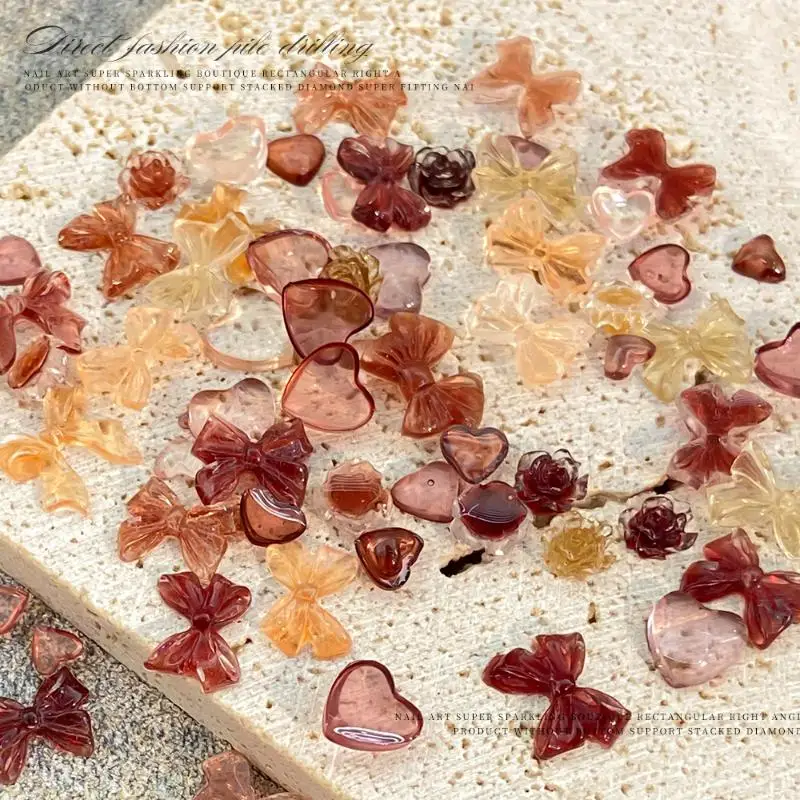 50pcs Nail Charms Mixed Butterfly Bow Camellia Heart Nail Decoration Autumn Style For Manicure DIY Material