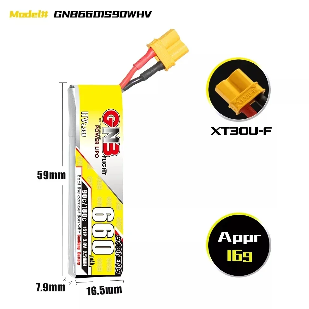 5PCS GAONENG GNB 660mAh 1S1P 3.8V 90C Lipo Battery With XT30/PH2.0/GNB27 Plug for Emax Tinyhawk Kingkong LDARC TINY7 FPV Drone