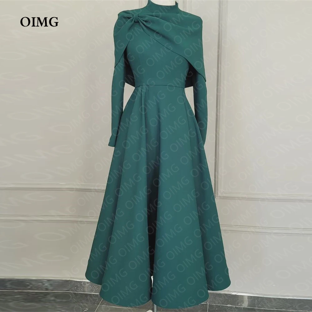 

OIMG Stretch Satin High Neck Prom Dresses Vestidos A Line Full Sleeves Bow Evening Gowns Simple Party Formal Dress Vestidos