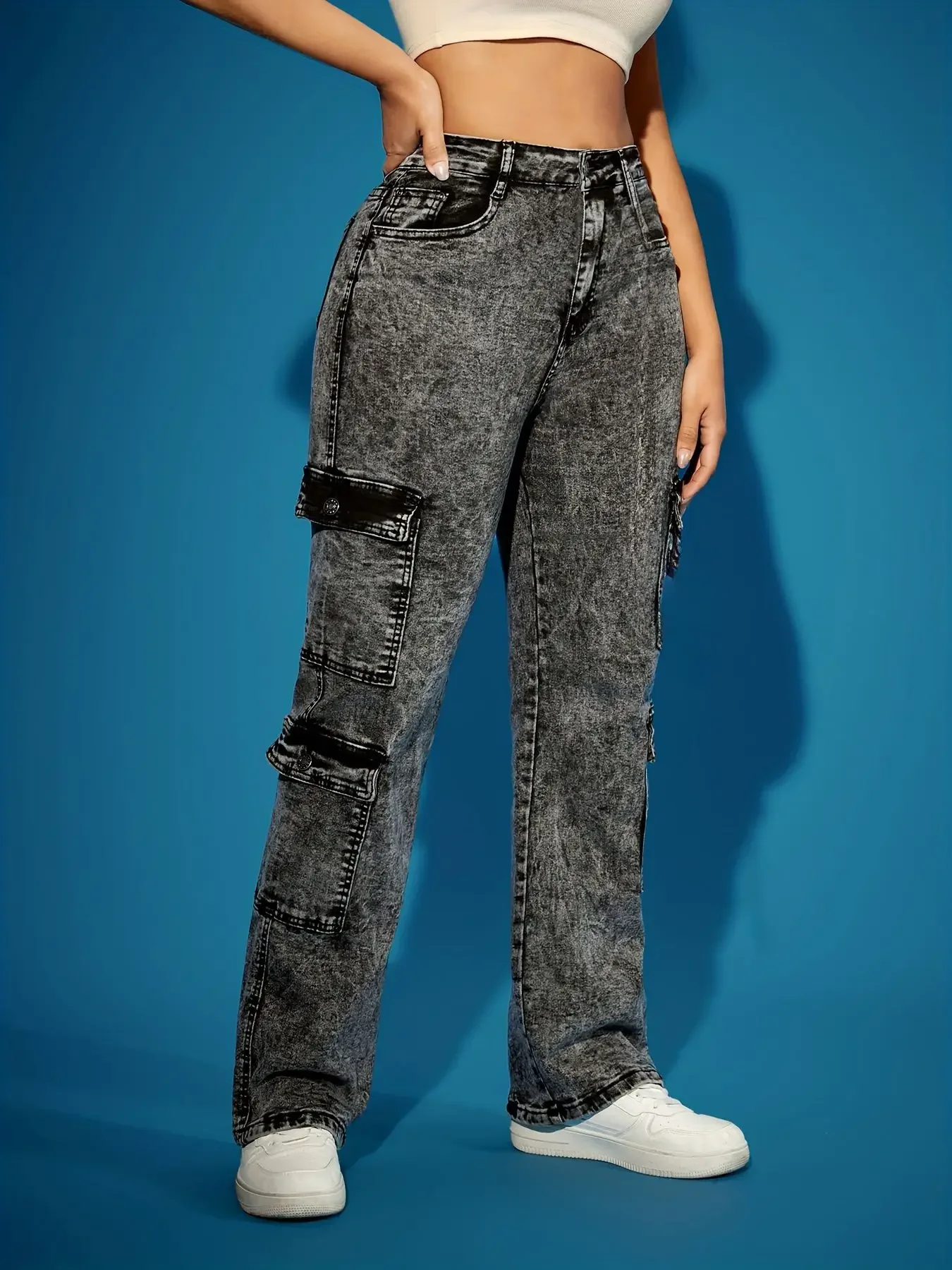Y2K Baggy-Cargohose mit hoher Taille für Damen, Stretch-Denim-Hose mit mehreren Taschen, lässige Vintage-Streetwear