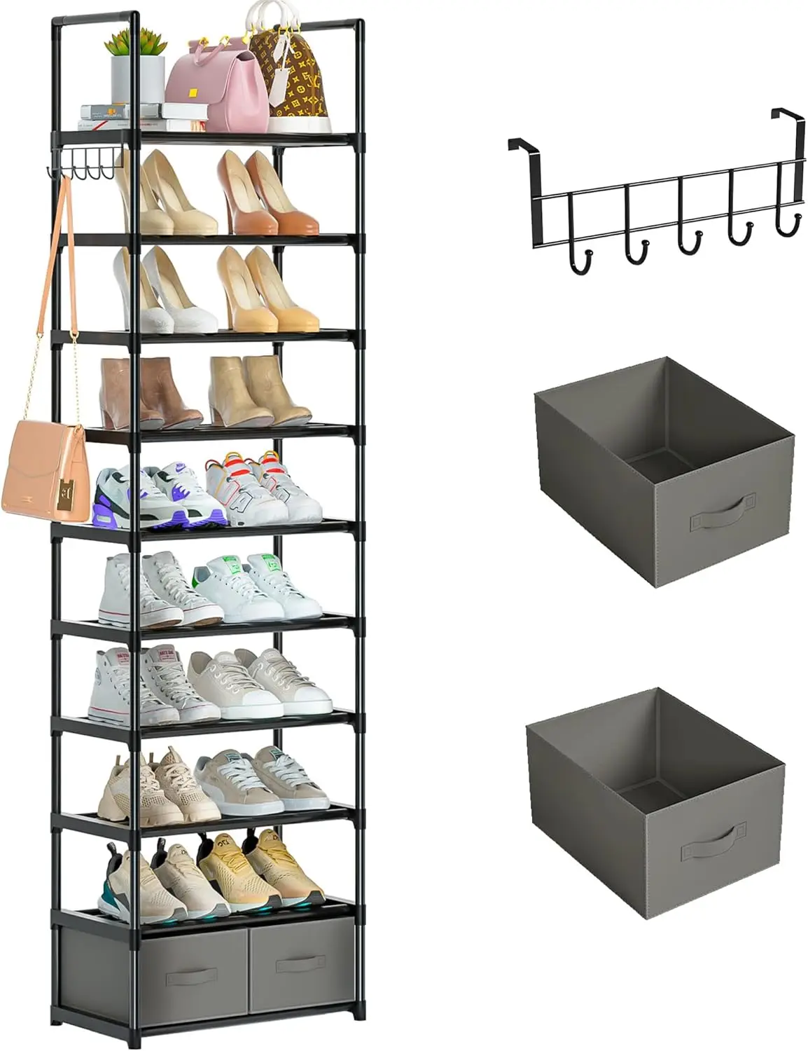 

Tall Shoe Rack Narrow 10 Tier Shoes Rack 20 25 Pairs, Shoe Storage Organizer for Closet, Sturdy Metal Shoe Shelf Shoe S