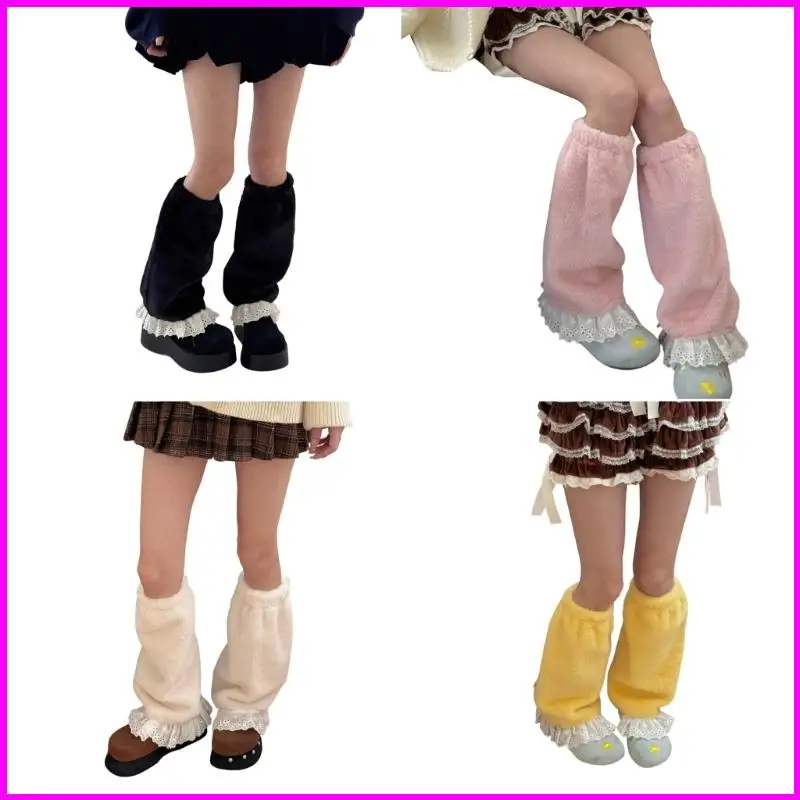 

Women Thermal Plush Leg Warmers With Ruffle Lace and Bowknot Accent Thick Furry Leg Covers Socks For Winter Outfits