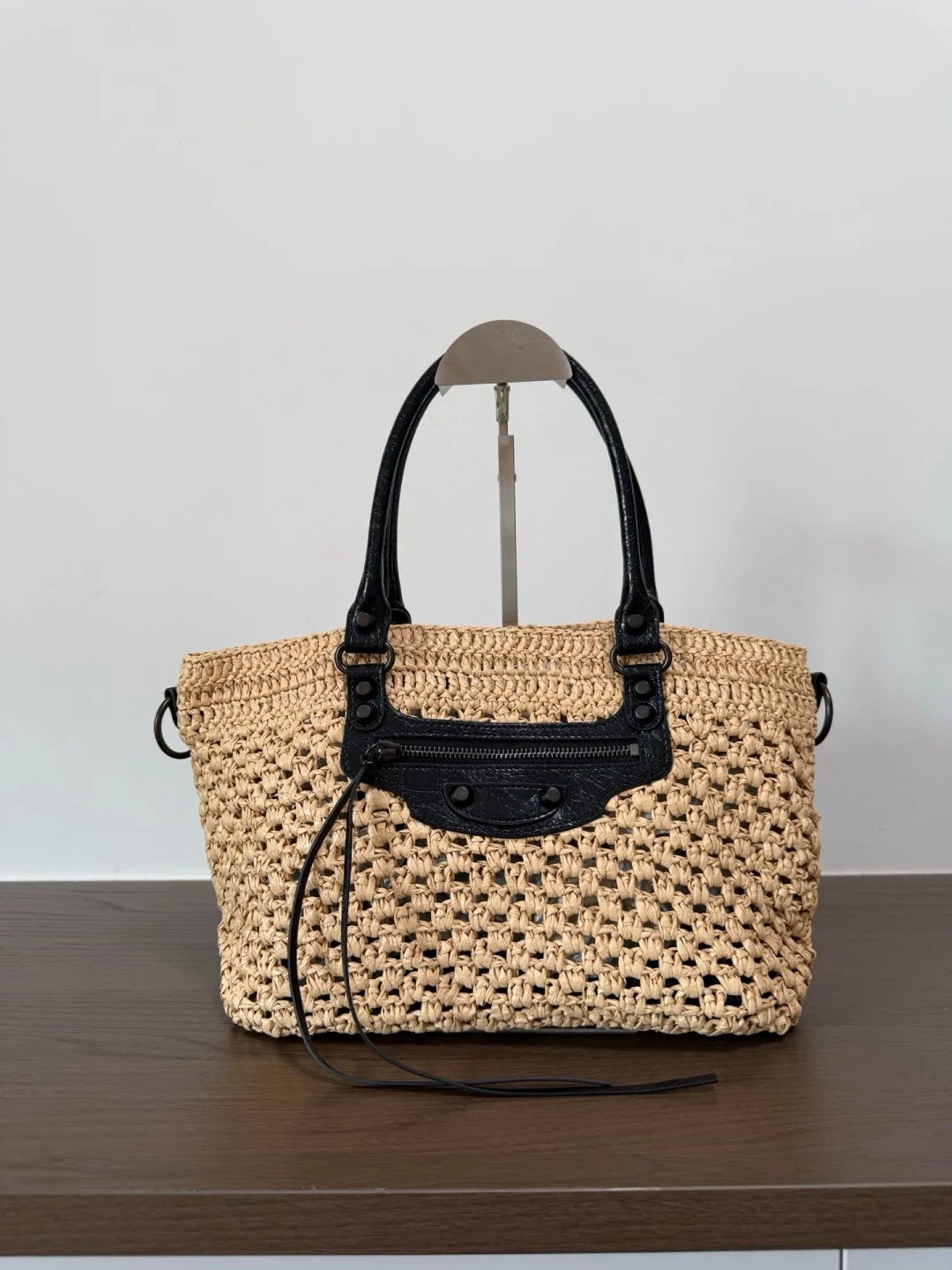 

Natural Raffia Woven Bag with Genuine Leather Strap Open Top Tote Studded Tassel Vintage Summer Handbag