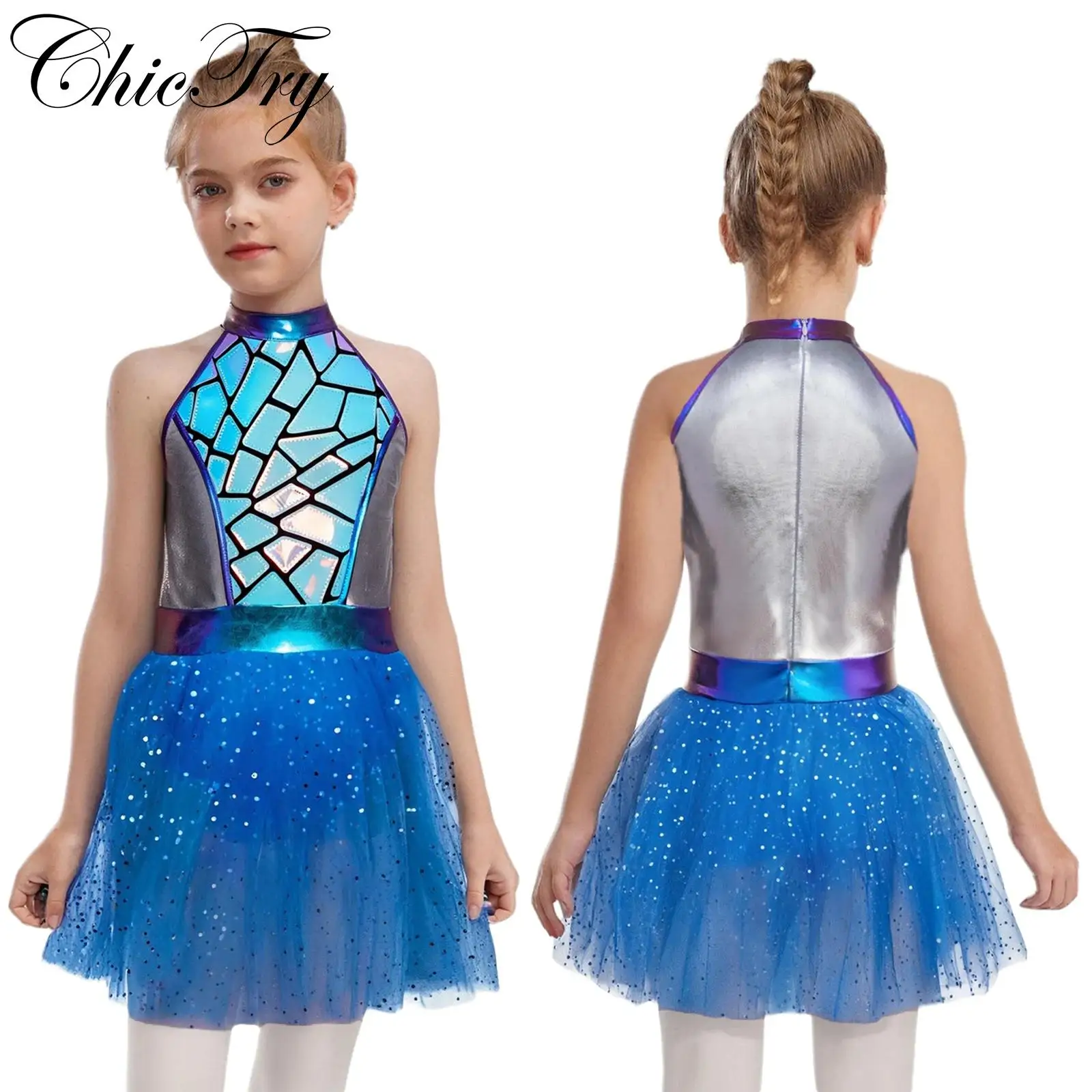 

Kids Girls Alien Costume Cheerleading Dance Dress Halloween Outer Space Cosplay Festival Shiny Spangles Tutu Leotard Dresses