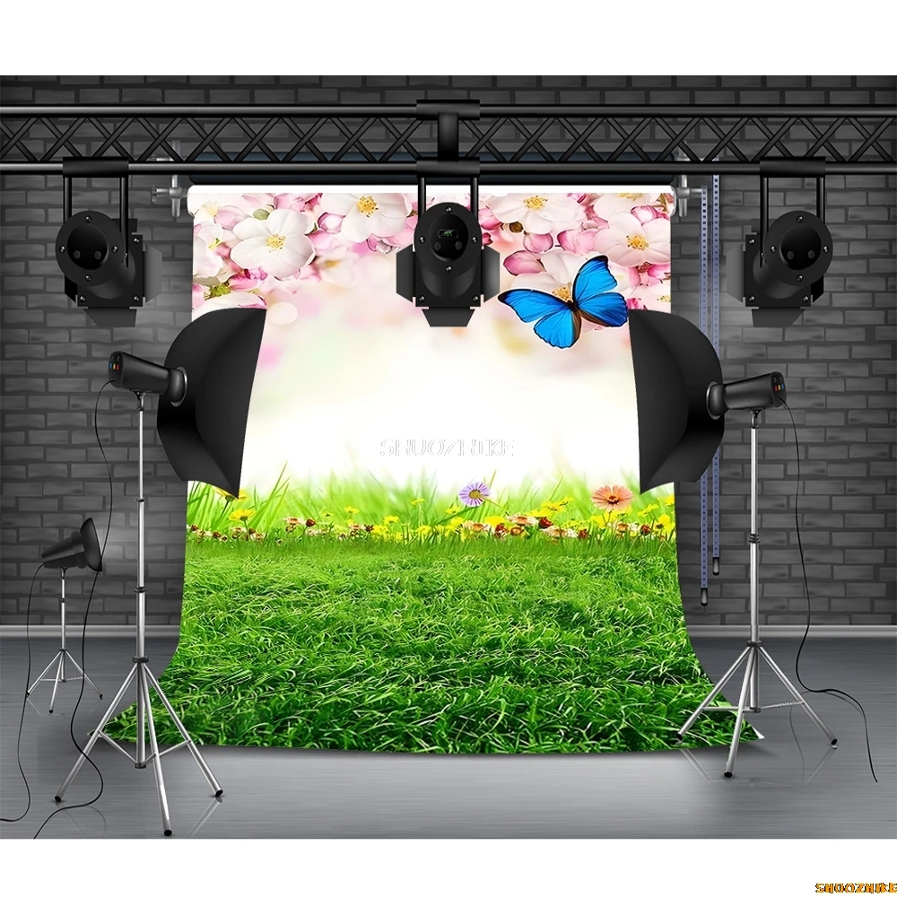 

Spring Backdrops for Photography Green Grassland Sunshine Leaves Background Easter Banner Birthday Party Decor Photo Booth Props