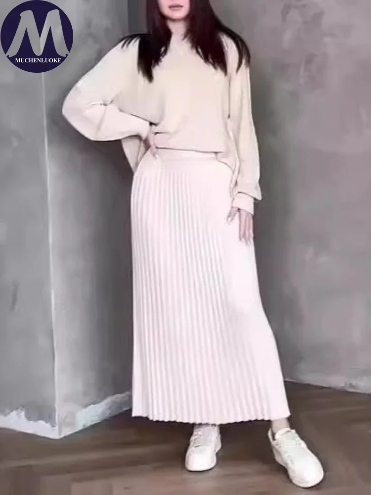 

Комплект из 2 предметов для женщин, осень-зима, новый ленивый стиль, вязаный свитер с круглым вырезом, топы, костюмы, модные повседневные комплекты с юбкой со свободной грудью