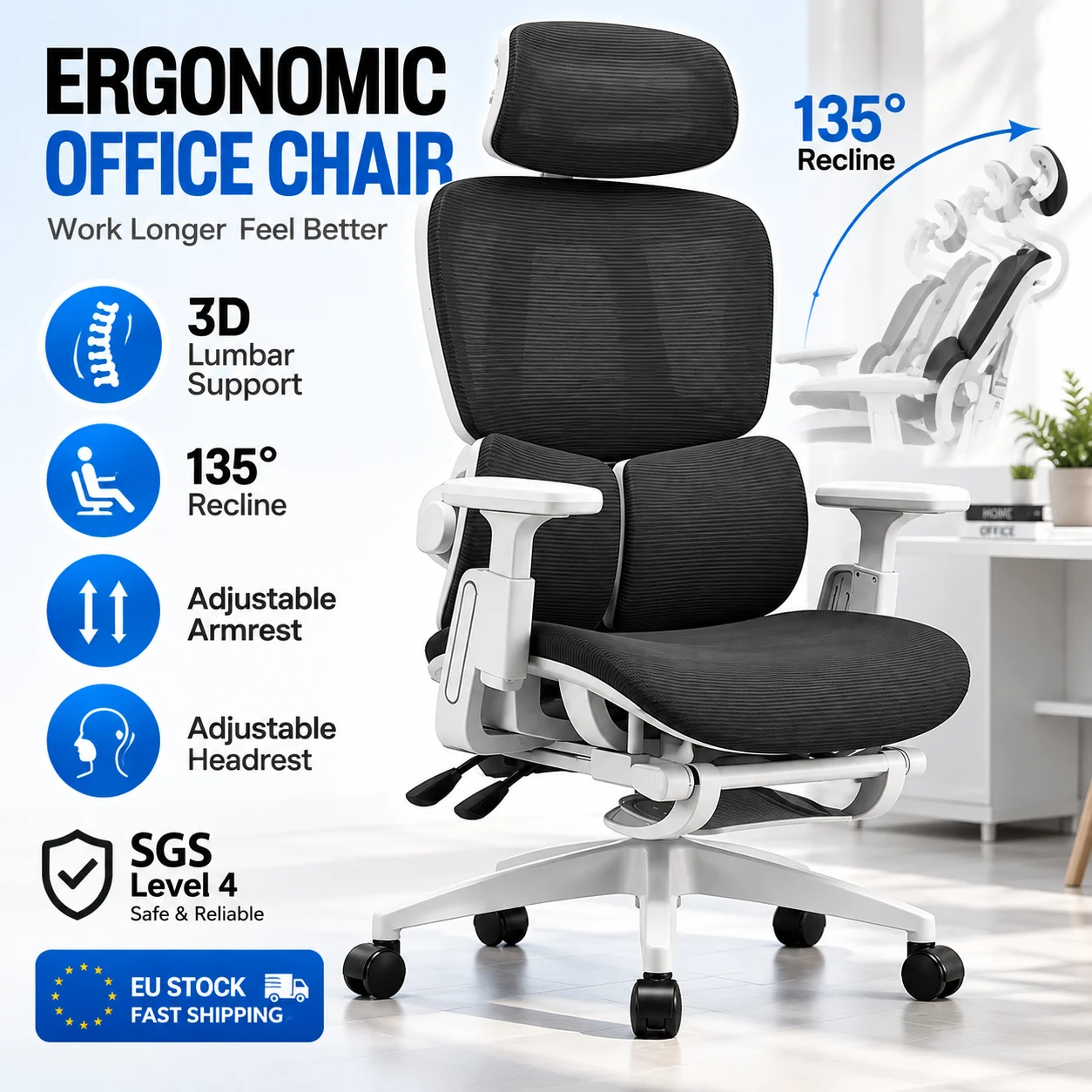Sedia da ufficio ergonomica con supporto lombare 3D, poggiatesta e braccioli regolabili, reclinabile a 135 gradi, ideale per lavoratori in ufficio e per chi trascorre molte ore seduto, disponibile in
