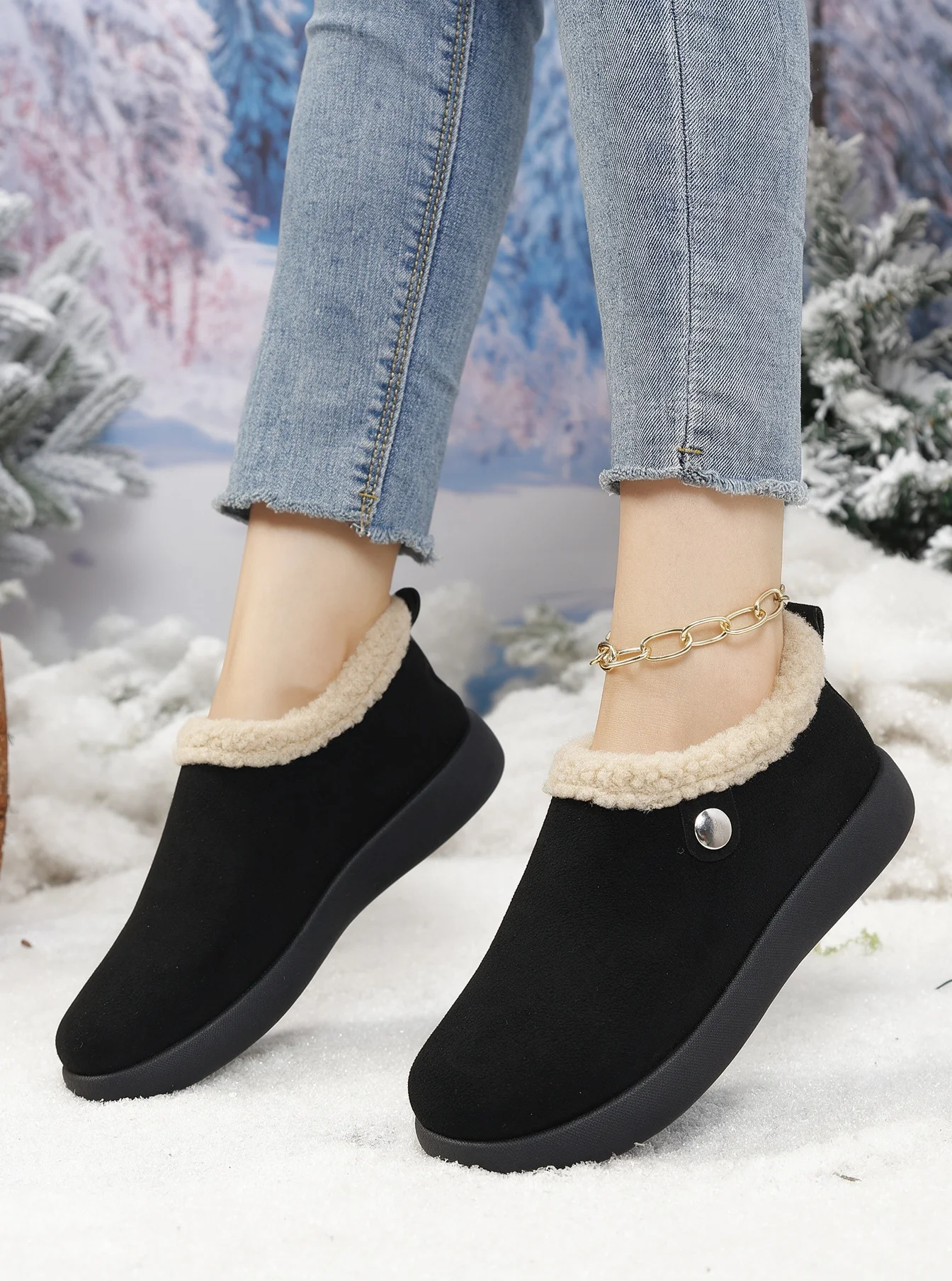 Damen-Winterstiefeletten, aus Kunstlederimitat, mit Teddy-Fleece-Futter, zum Hineinschlüpfen, warm, mit runder Spitze, rutschfester, dicker Sohle, im Retro-Stil, Baumwollstiefeletten. – Detail 14