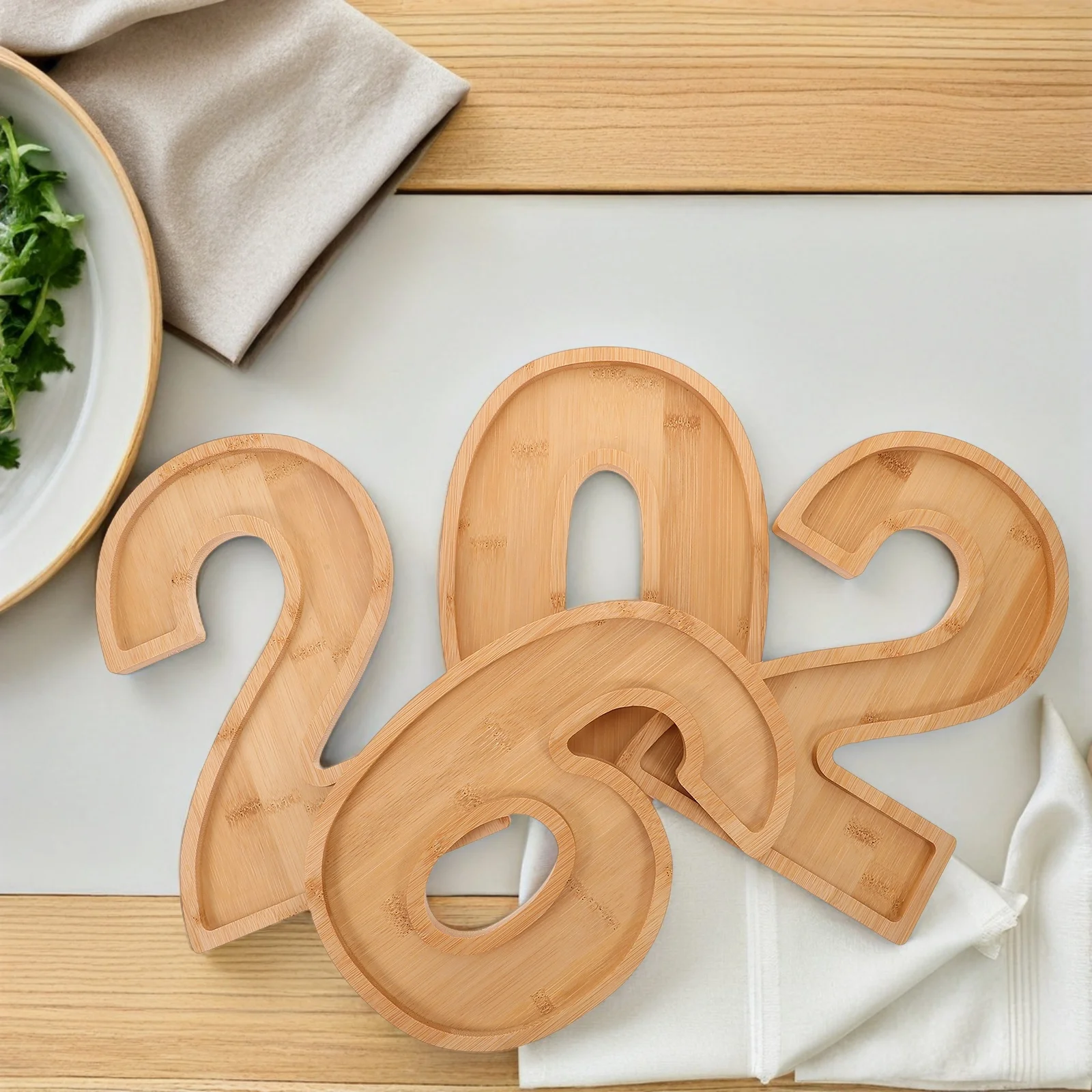 

4pcs Wooden Snack Serving Platter 2026 Number Shaped Design For New Year Christmas Graduation Fillable Buffet Tray Cheese Fruit