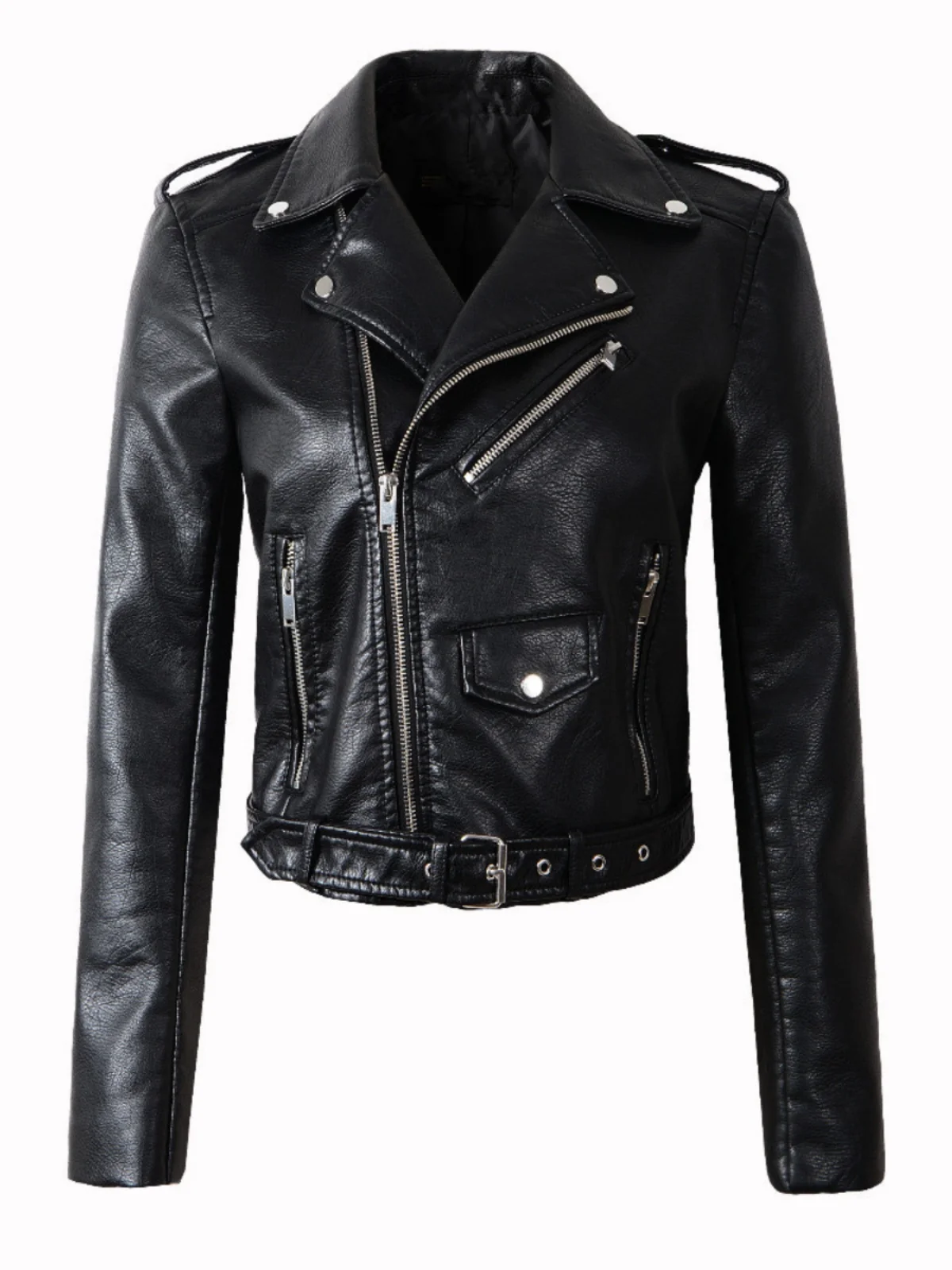 Casual Motorcycle Leather Jaet Pure Color Street Sle Loose Fit Long Sve Zipper ort Coat for Women Autumn Season