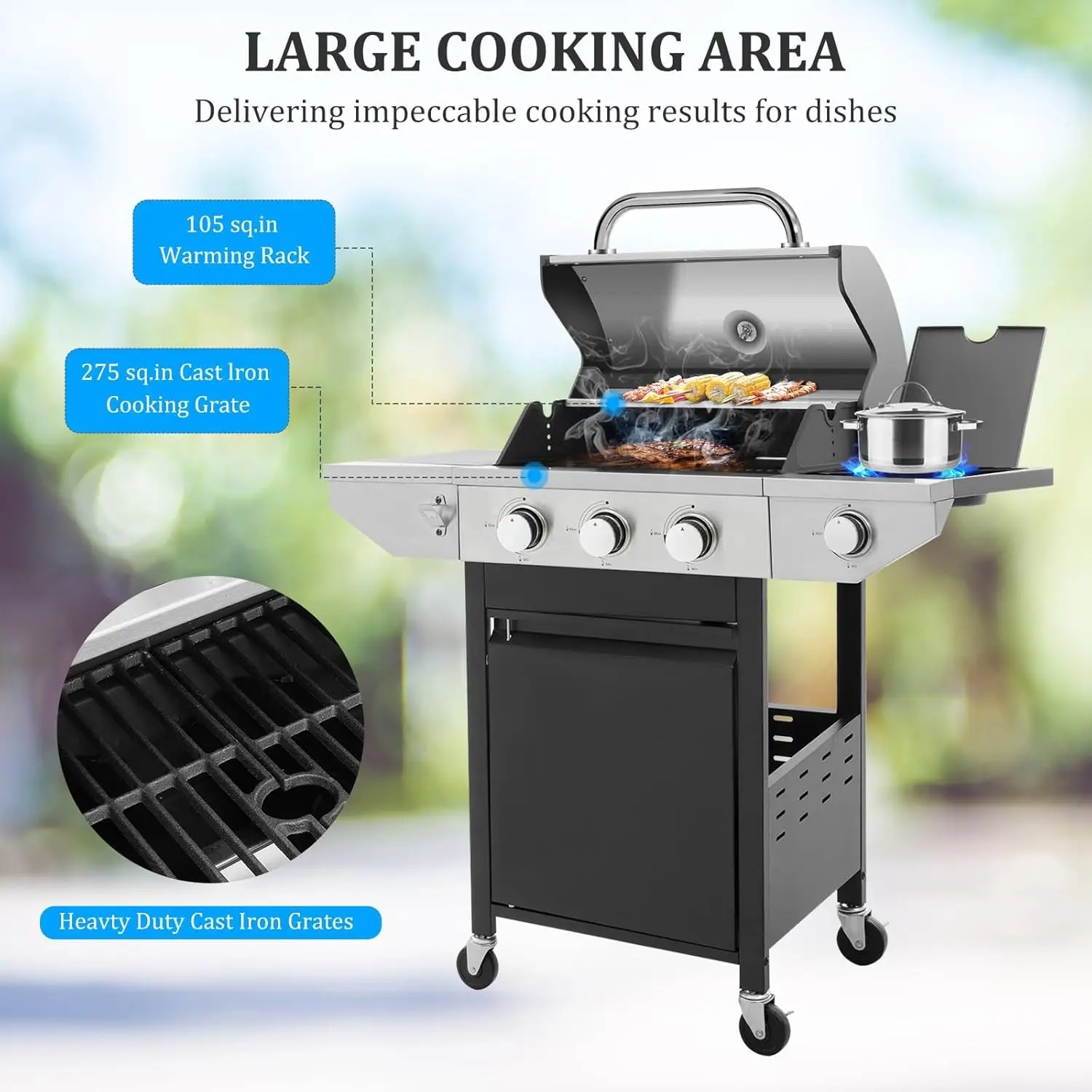 3-Burner Propane Gas BBQ Grill with Side Burner & Porcelain-Enameled Cast Iron Grates Built-in Thermometer, 37,000 BTU O