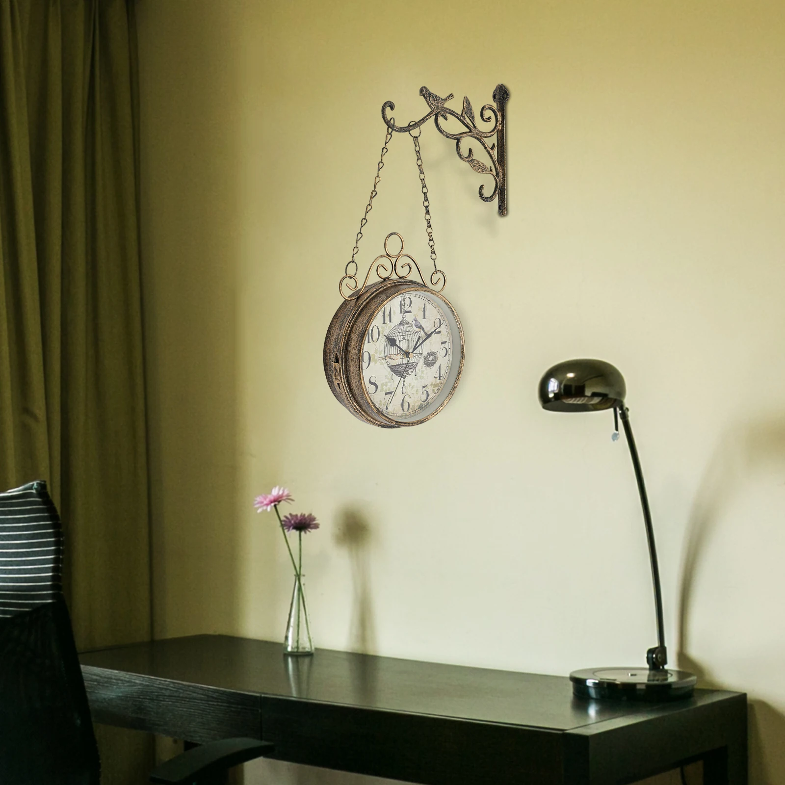 ساعة حائط مستديرة برونزية على الوجهين، ساعة حائط حديدية عتيقة ديكور 45*32 سم لغرف المعيشة وغرف النوم #6