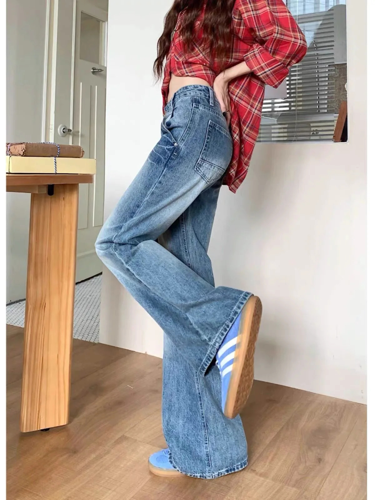 Casual American Retro Blue Straight Leg Jeans Women's Autumn New Draping Sensation Floor-Length Pants for Junior And Senior H...