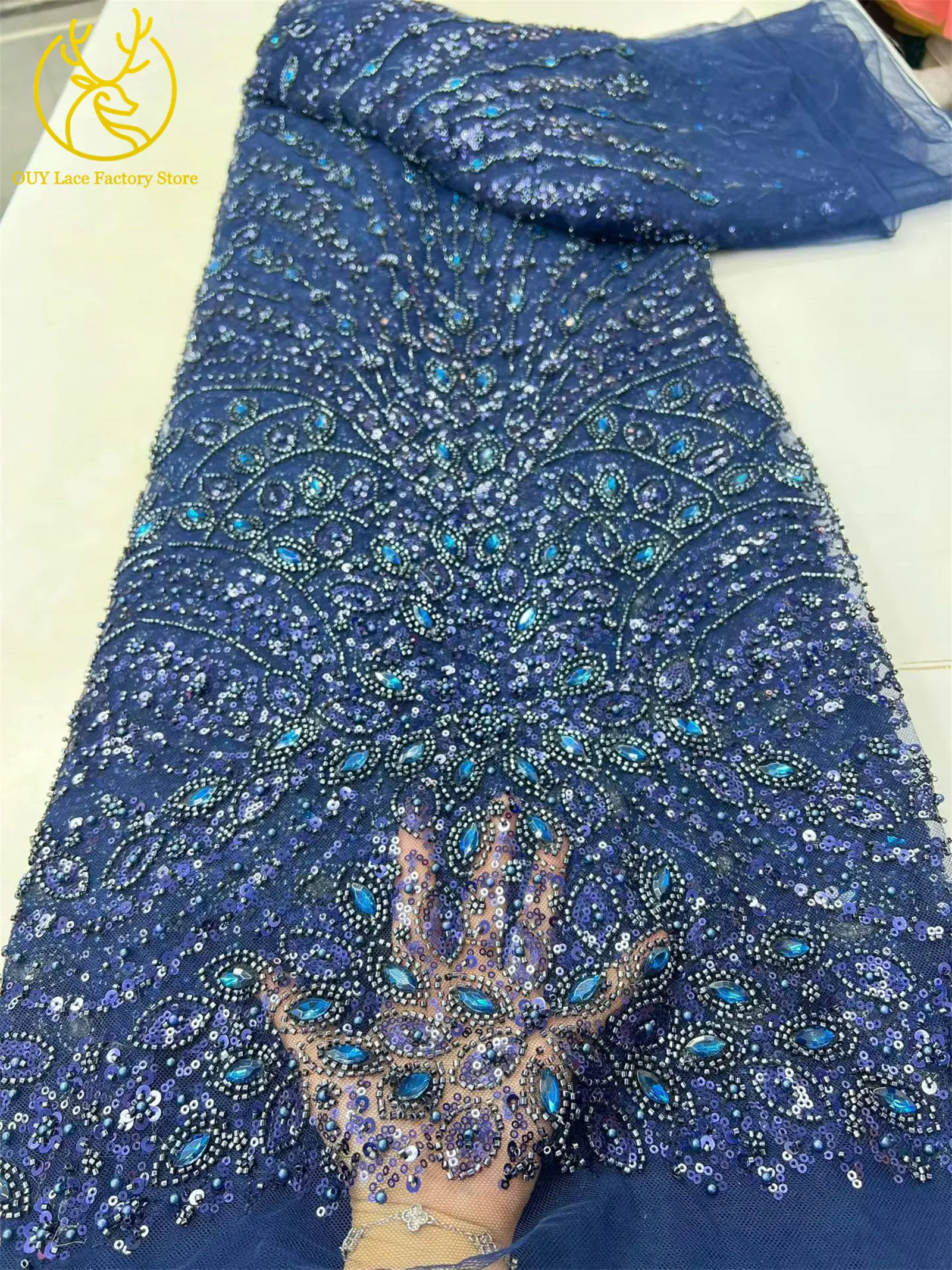 5 Yards Afrikanischer Perlen-Pailletten-Tüll-Spitzenstoff 2026 Hochwertiger Nigerianischer Steinbesetzter Spitzenstoff Grüner Spitzenstoff für Abendkleider – Detail 10