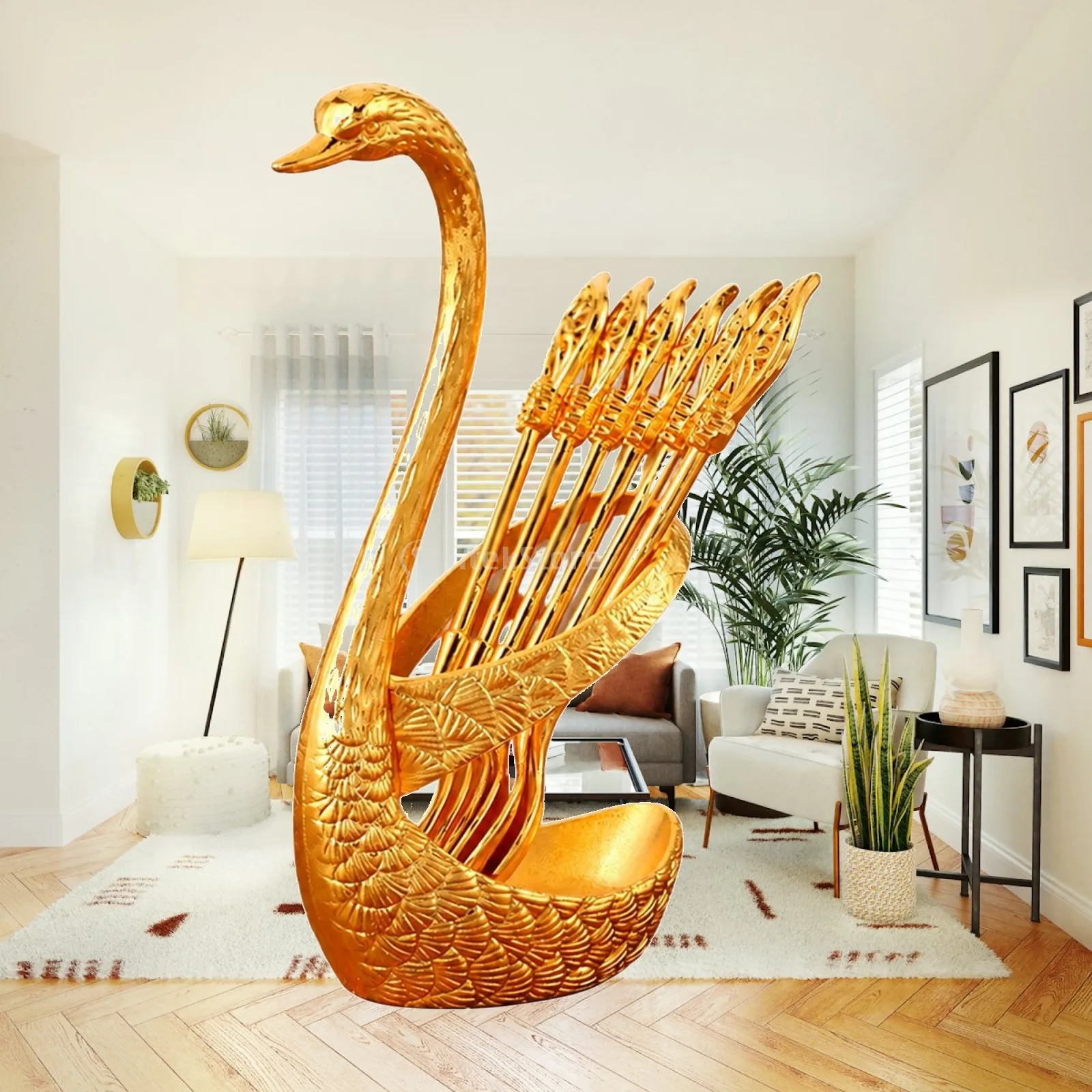 Stylish Swan Design Spoon Rest with Six Decorative Spoons for Serving Dessert Appetizer and Treat at Home