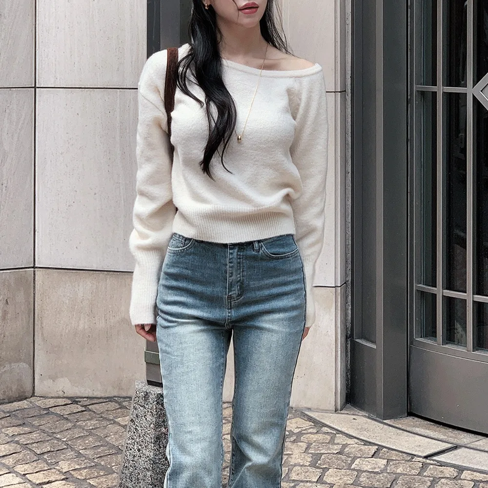 

Шикарный корейский женский вязаный свитер oulder Bared Long Sve Ele Waist Cinched Color Overhead Top