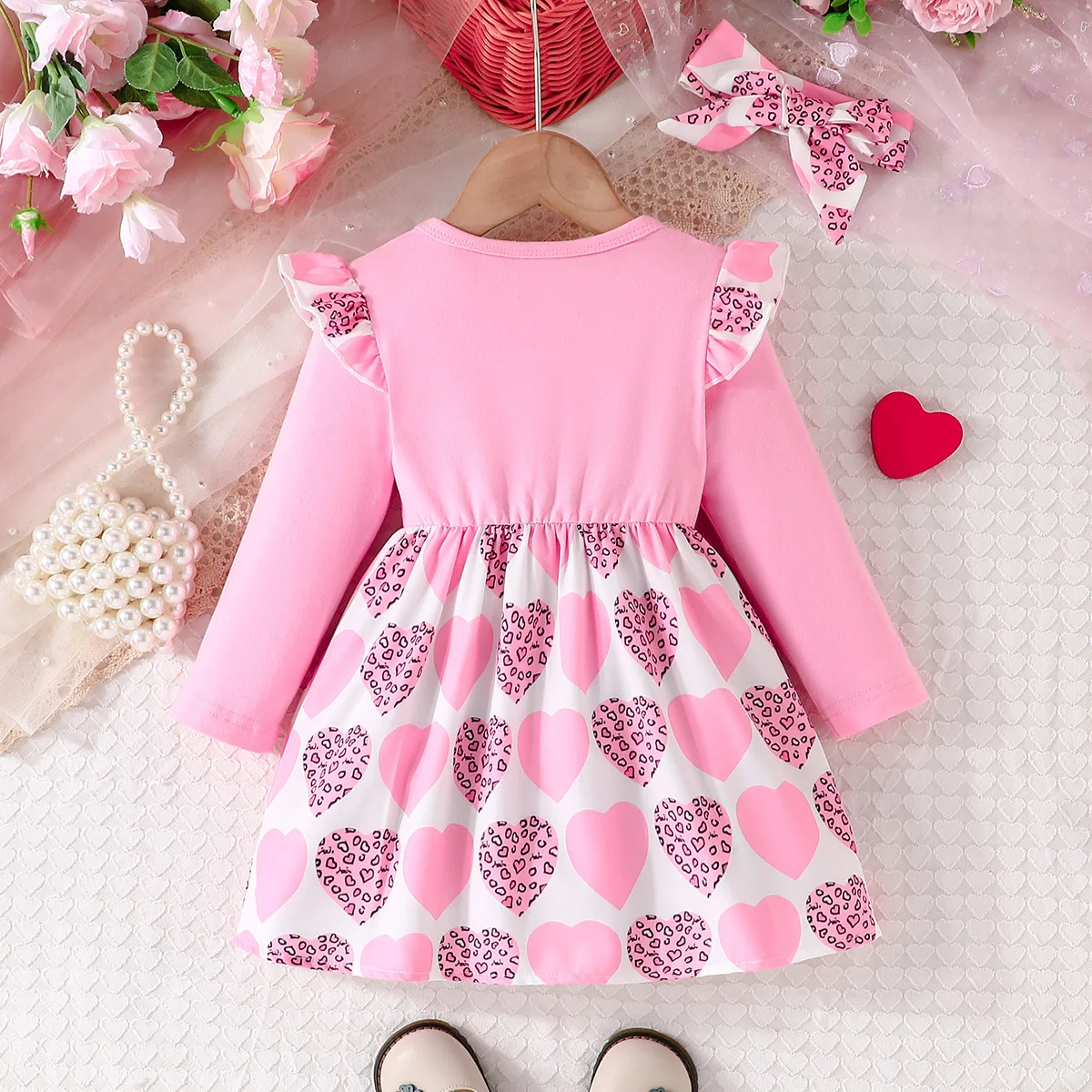 Winter 2024 Girls Dress Girls Long Sleeve Ruffles Print Heart Pink Cute Preepy Look Birthday Party Dresses Vestidos 6M-3T