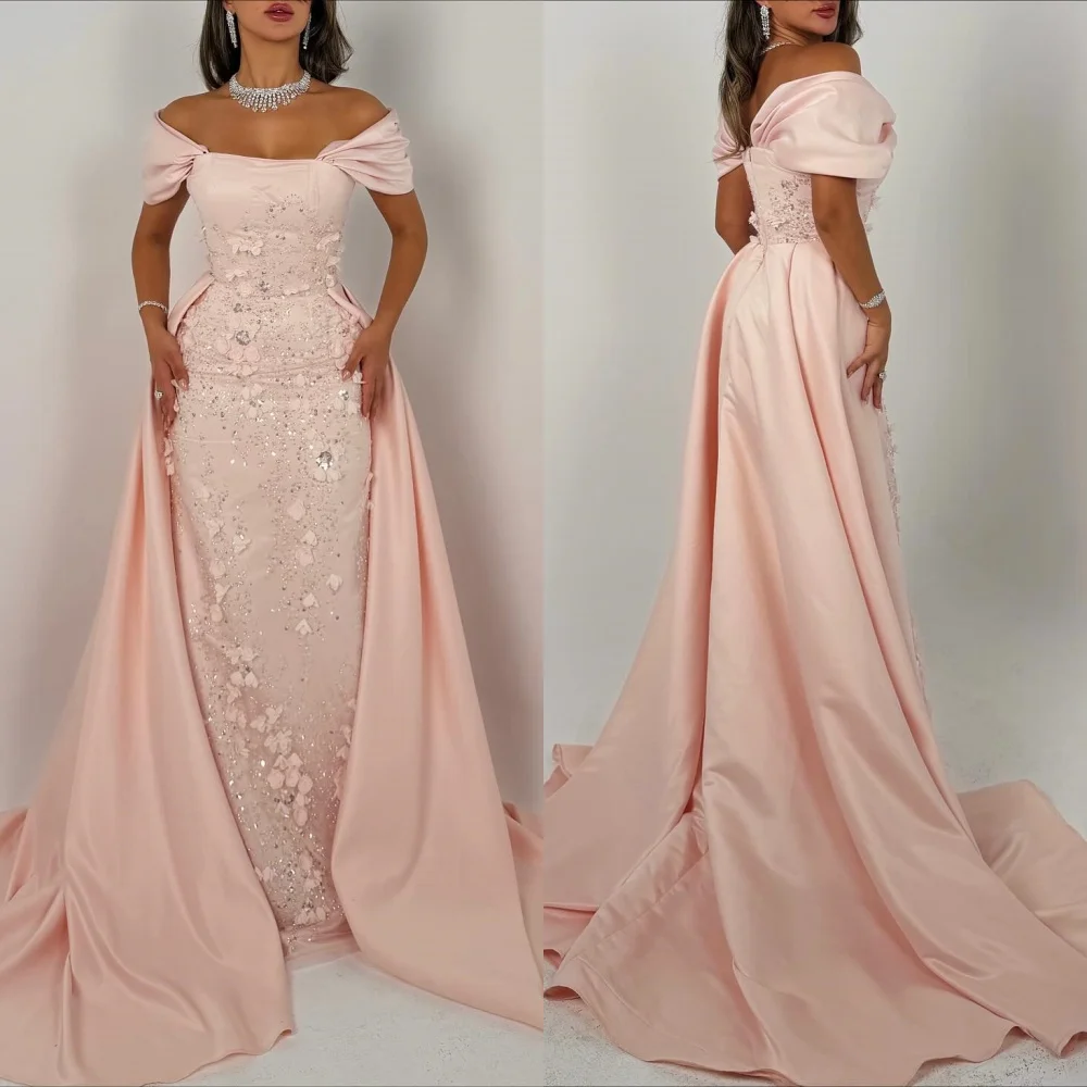 

Customized Intricate Pleat Draped Flower Beading Sequined Straight Off-the-shoulder Long Dresses Bespoke Occasion Dresses Retro