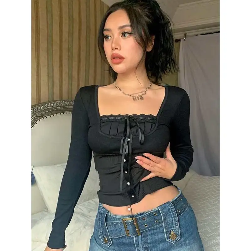 

Women's Slim Fit Vintage Ruffle Crop Top T-irt Cute Summer Outfit Cotton Gauze Material Knot Design Printed Pattern