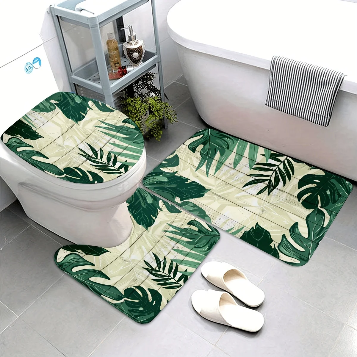 

Набор ковриков для ванной из трех предметов с тропическими листьями — нескользящий, моющийся, полиэстеровый коврик с белым деревянным фоном и рисунком пальмового листа