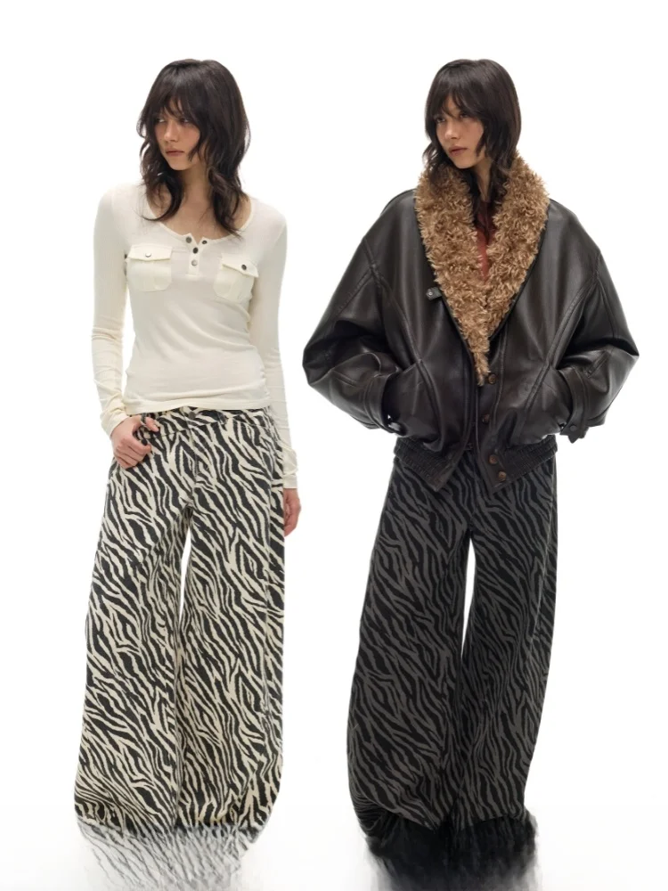 

Женские джинсы с низкой талией и широкими штанинами, с зебровым принтом, бежевые, хлопковые, повседневные, осенне-зимние, без стрейча, комфортная посадка